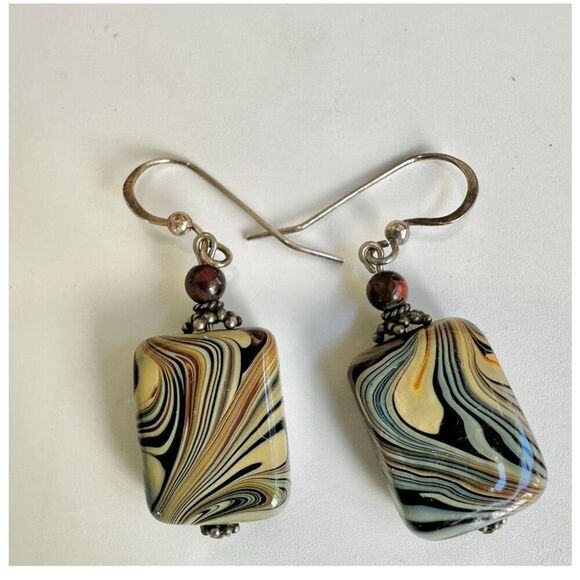 Sterling silver swirl beaded natural stone drop earrings - Picture 3 of 7
